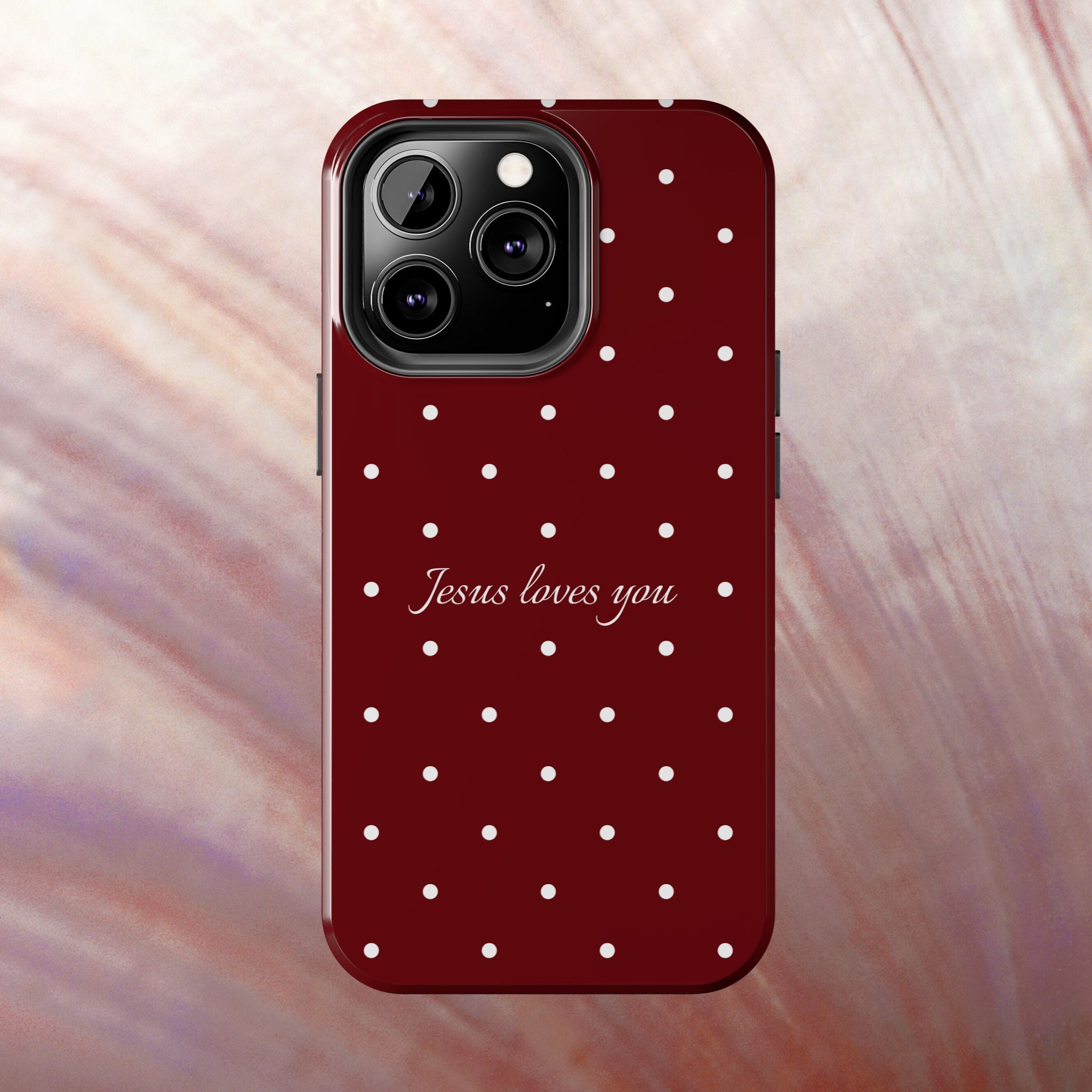 Jesus Loves You Dark Red and White Polka Dot Case