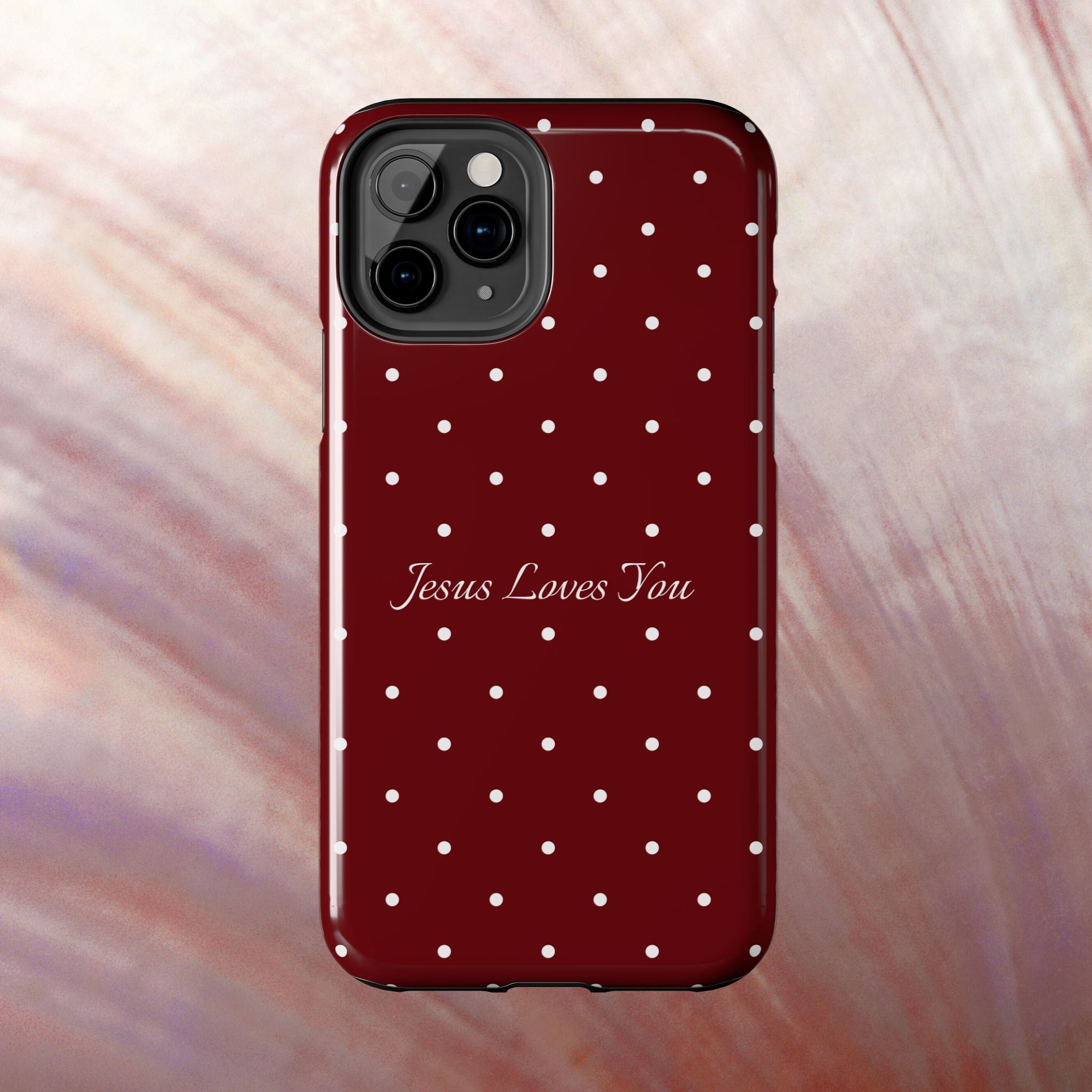 Dark Red and White Polka Dot Phone Case - Jesus Loves You Protective Phone Case
