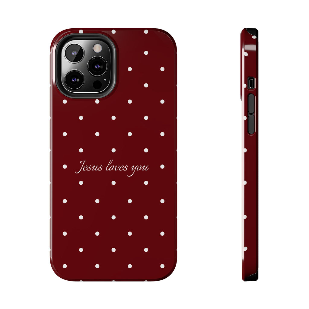 Jesus Loves You Dark Red and White Polka Dot Case