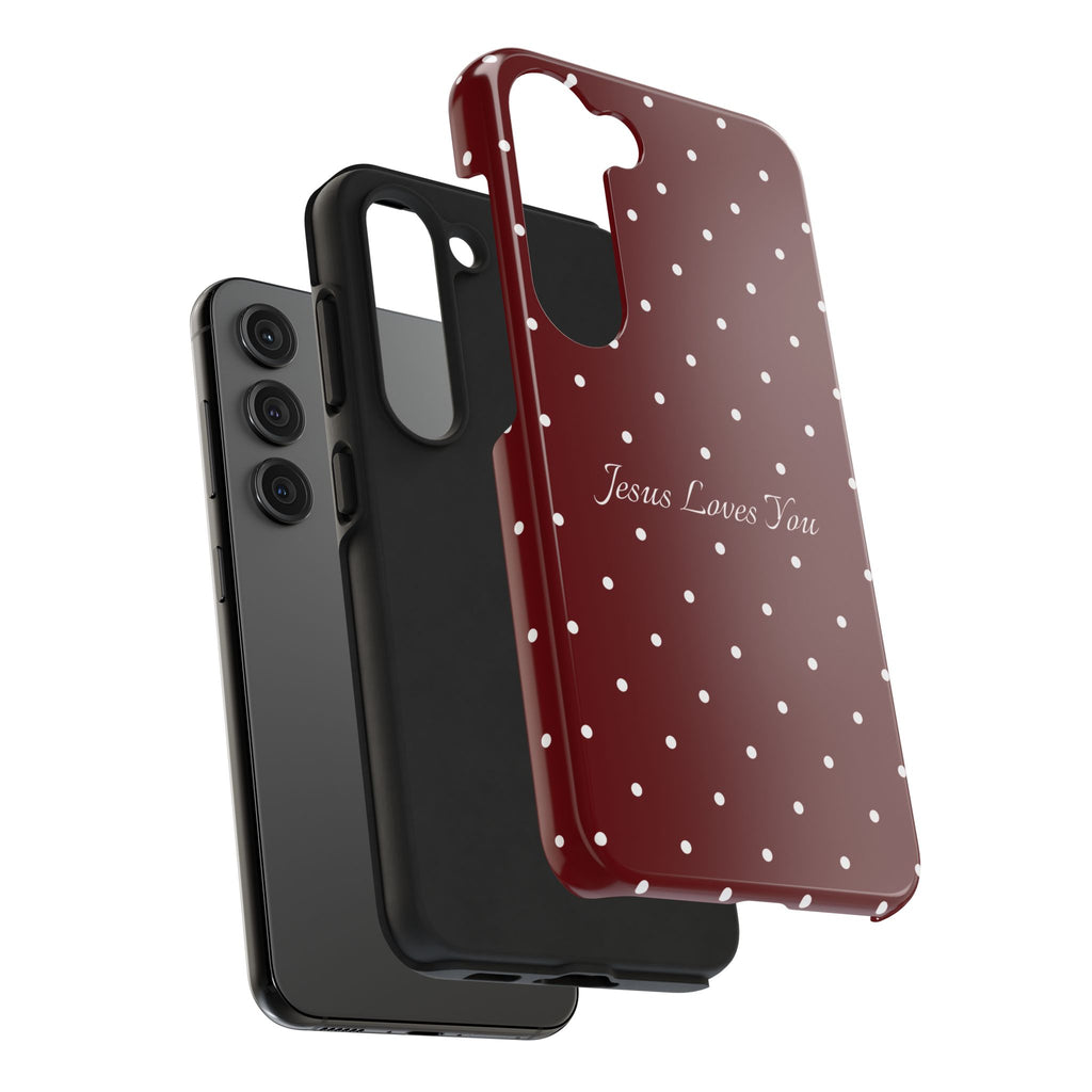 Dark Red and White Polka Dot Phone Case - Jesus Loves You Protective Phone Case