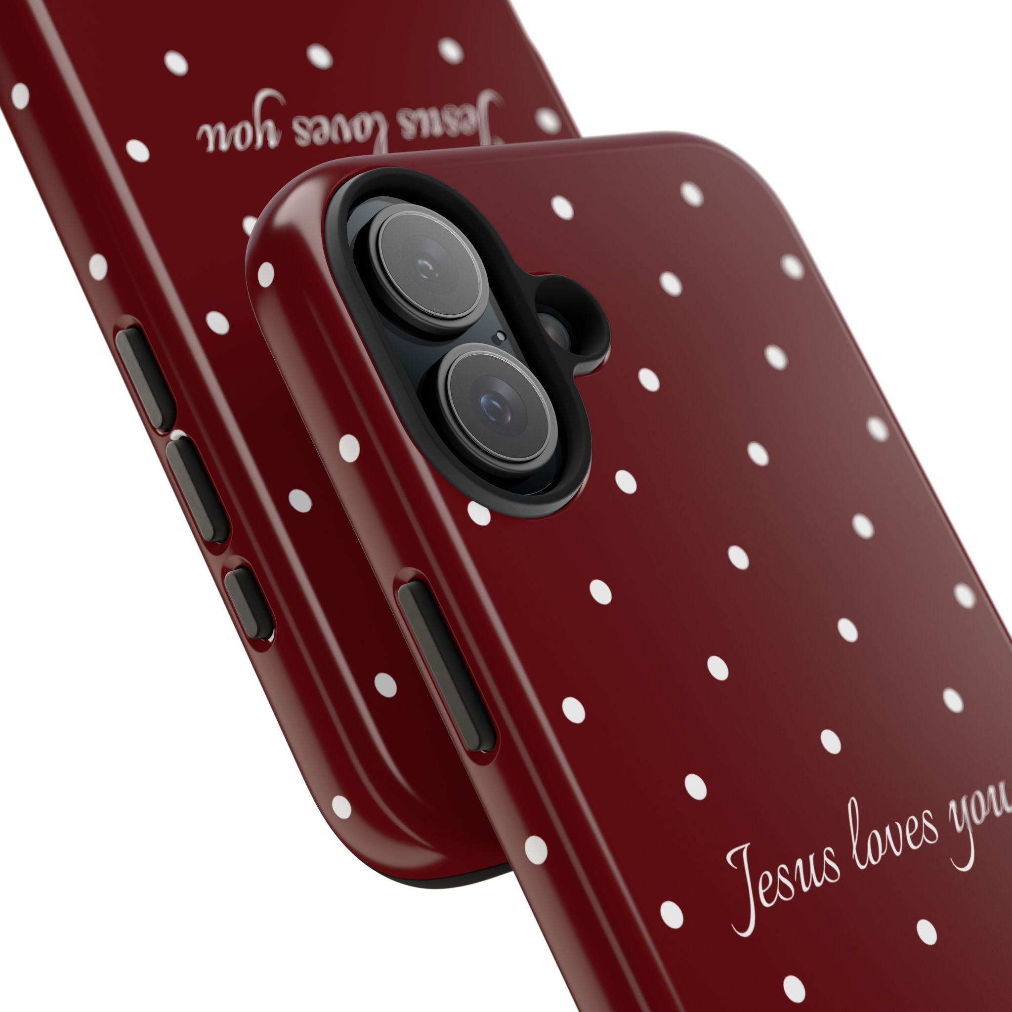 Jesus Loves You Dark Red and White Polka Dot Case