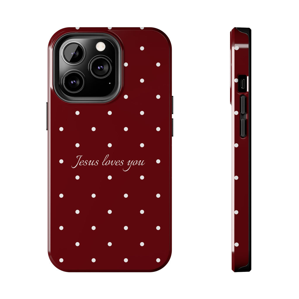 Jesus Loves You Dark Red and White Polka Dot Case