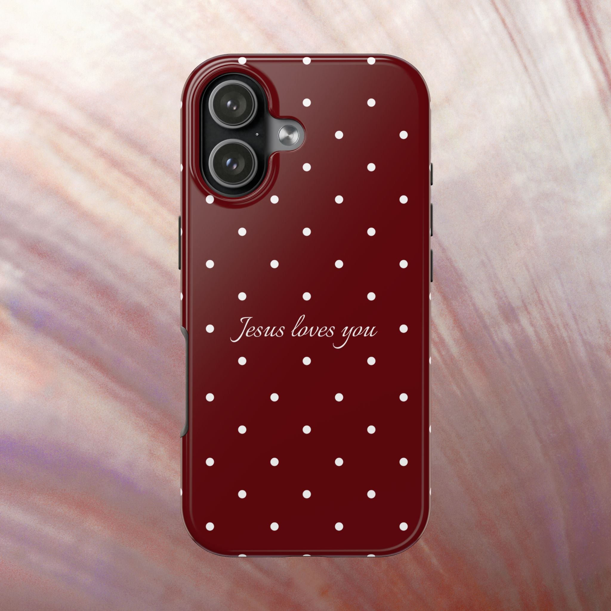 Jesus Loves You Dark Red and White Polka Dot Case