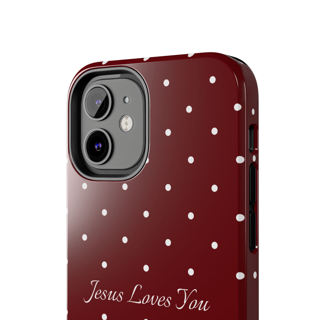 Dark Red and White Polka Dot Phone Case - Jesus Loves You Protective Phone Case