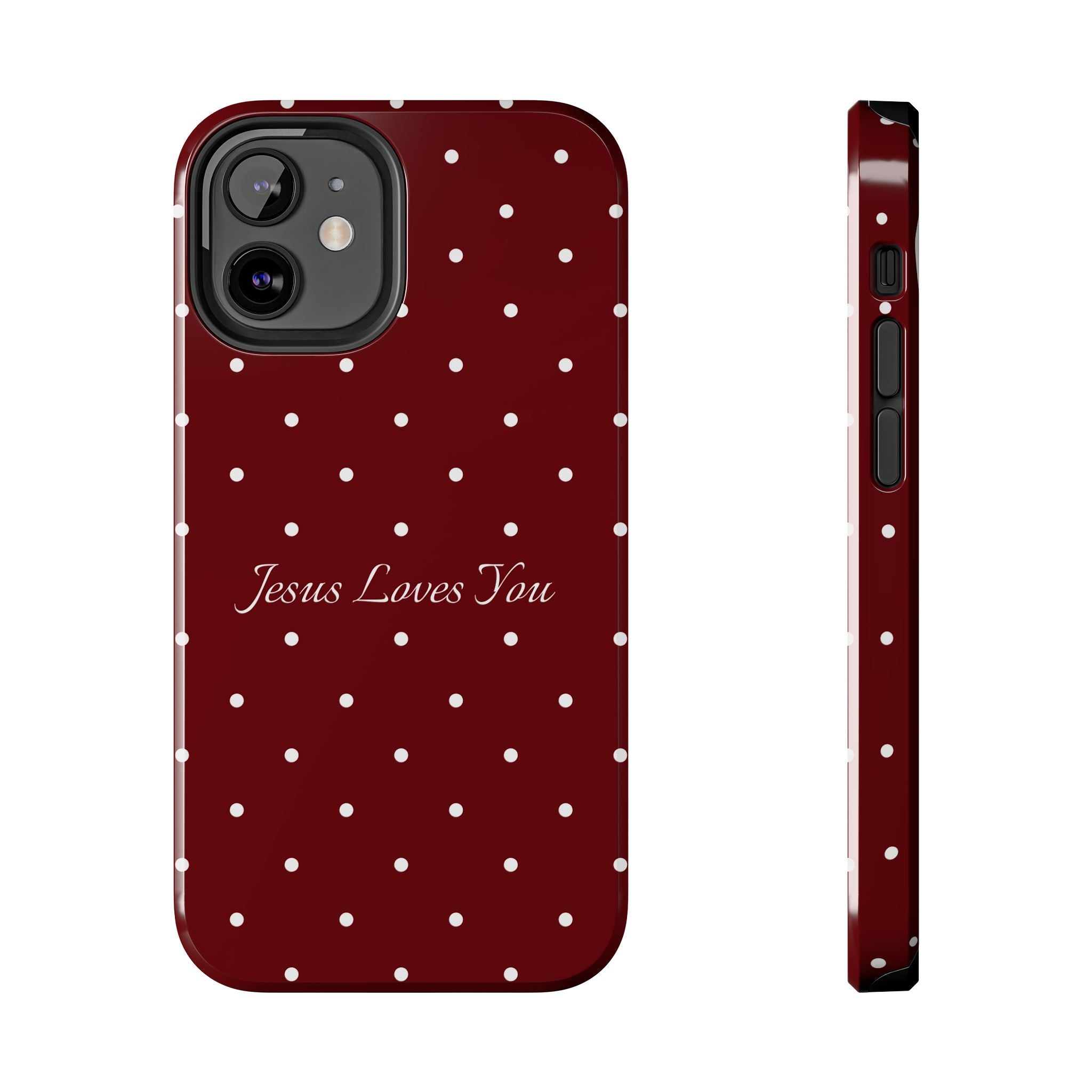 Dark Red and White Polka Dot Phone Case - Jesus Loves You Protective Phone Case