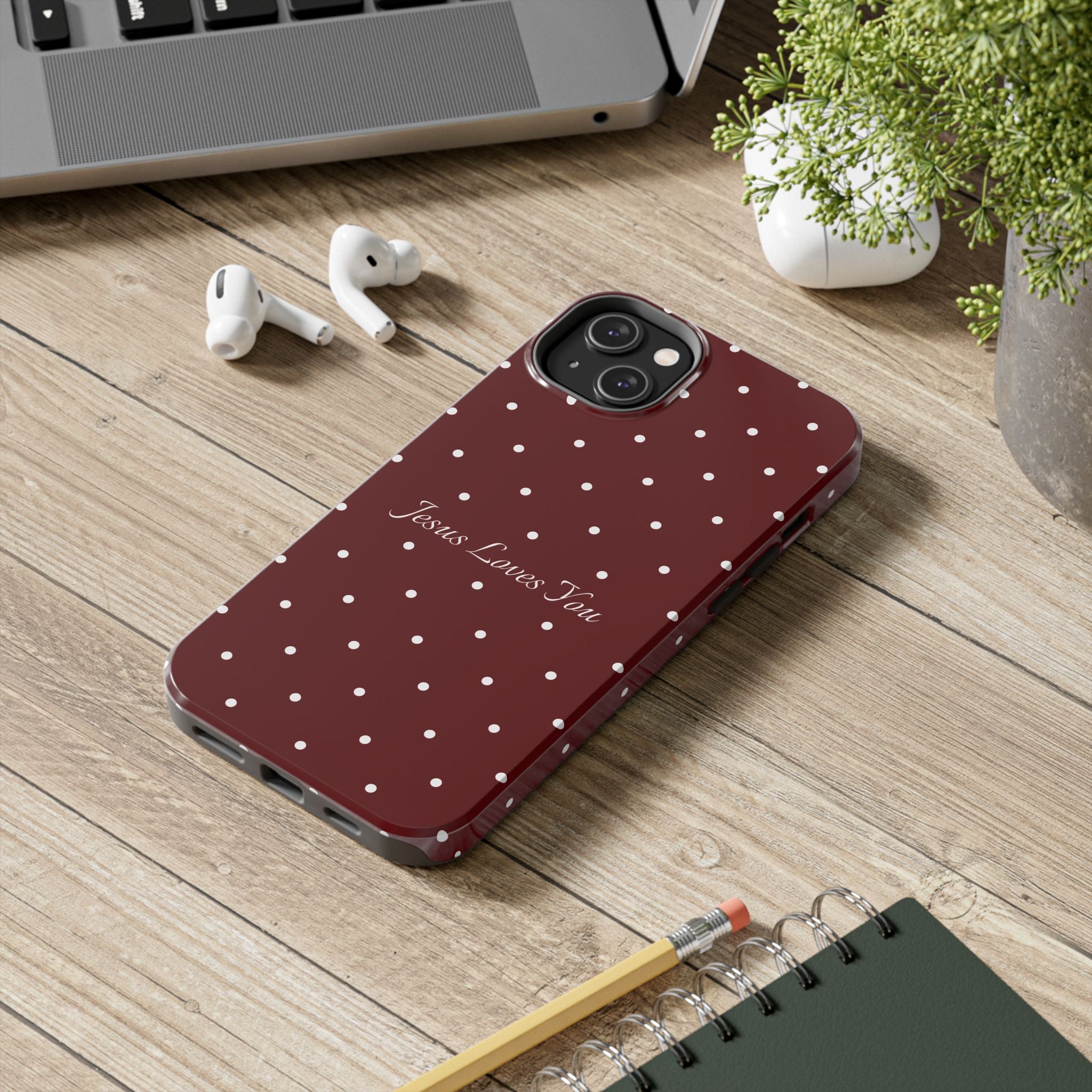 Dark Red and White Polka Dot Phone Case - Jesus Loves You Protective Phone Case