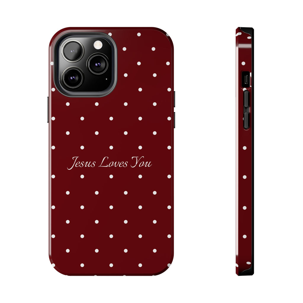Dark Red and White Polka Dot Phone Case - Jesus Loves You Protective Phone Case