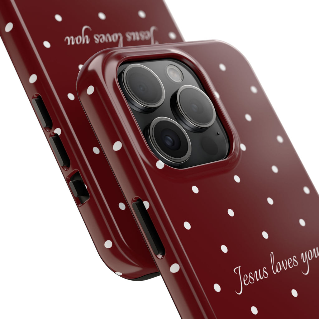 Jesus Loves You Dark Red and White Polka Dot Case
