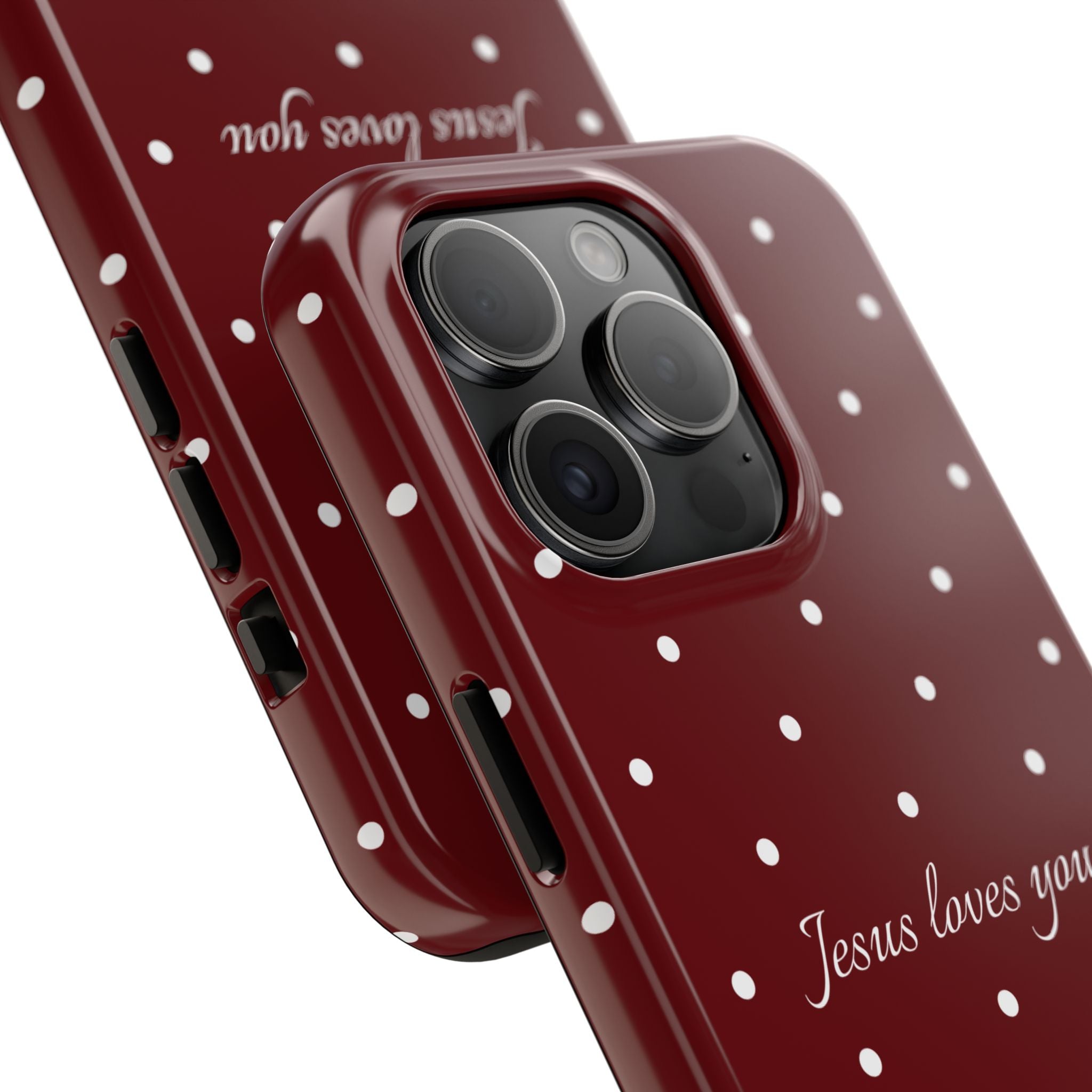 Jesus Loves You Dark Red and White Polka Dot Case