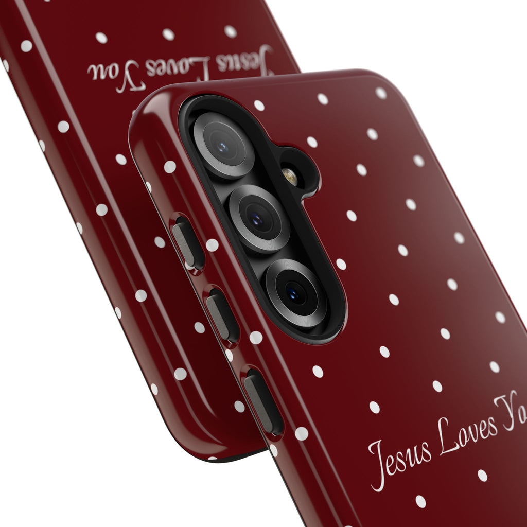 Dark Red and White Polka Dot Phone Case - Jesus Loves You Protective Phone Case