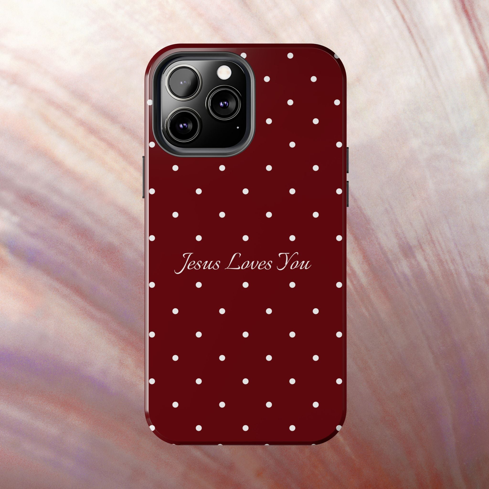 Dark Red and White Polka Dot Phone Case - Jesus Loves You Protective Phone Case