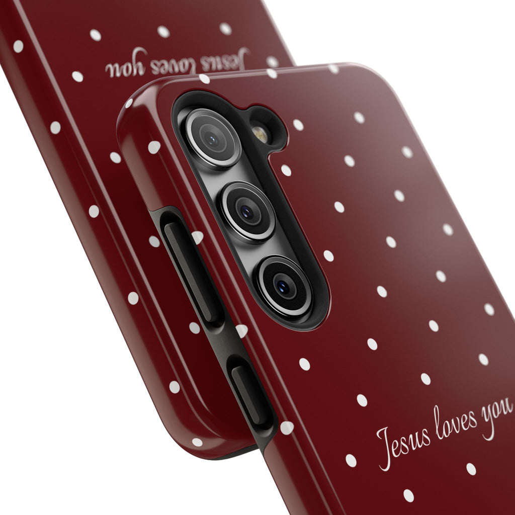 Jesus Loves You Dark Red and White Polka Dot Case