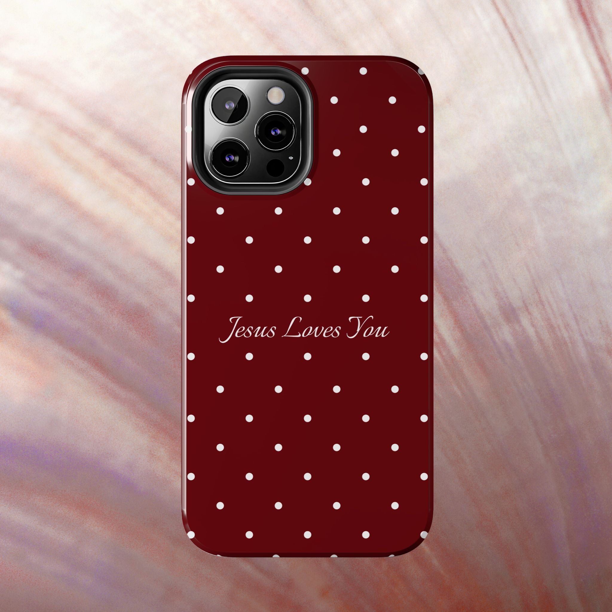 Dark Red and White Polka Dot Phone Case - Jesus Loves You Protective Phone Case
