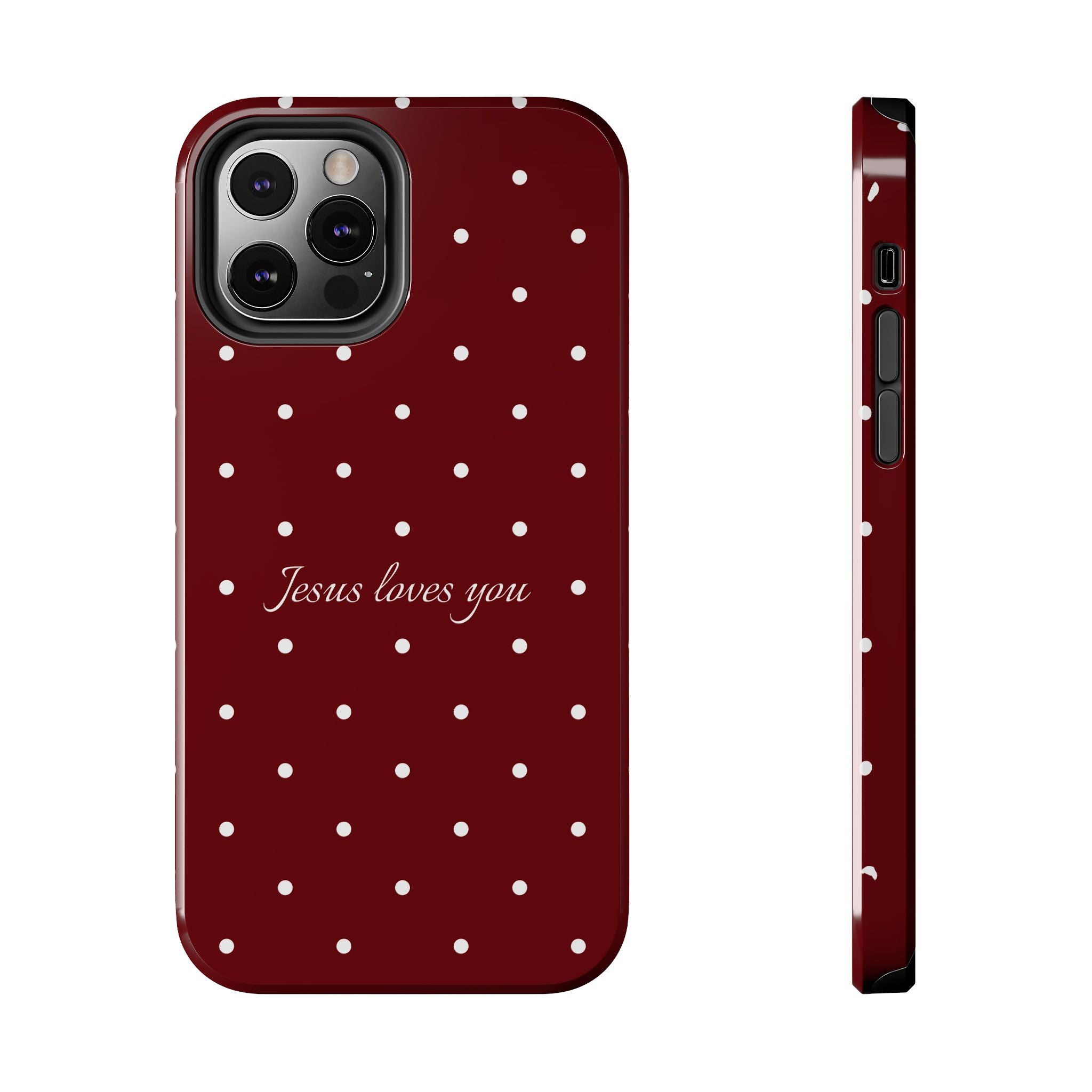 Jesus Loves You Dark Red and White Polka Dot Case