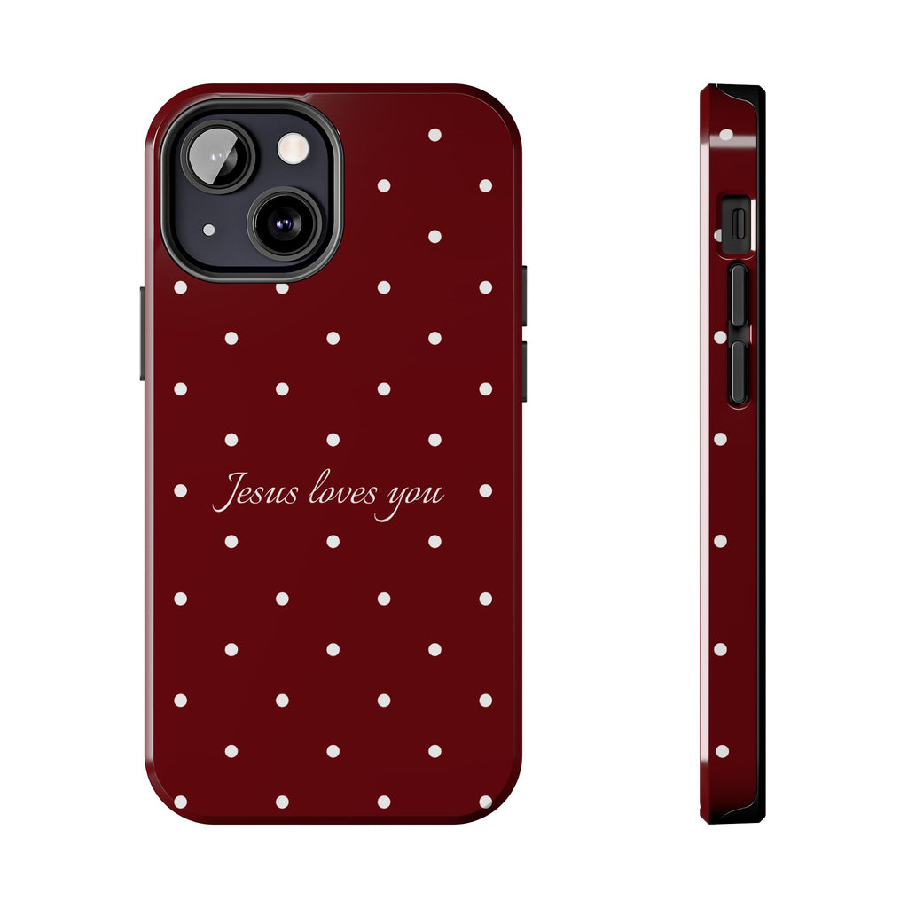 Jesus Loves You Dark Red and White Polka Dot Case