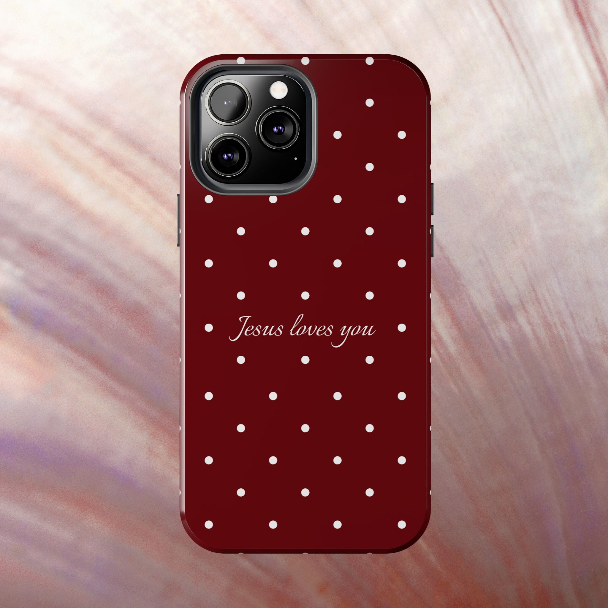 Jesus Loves You Dark Red and White Polka Dot Case