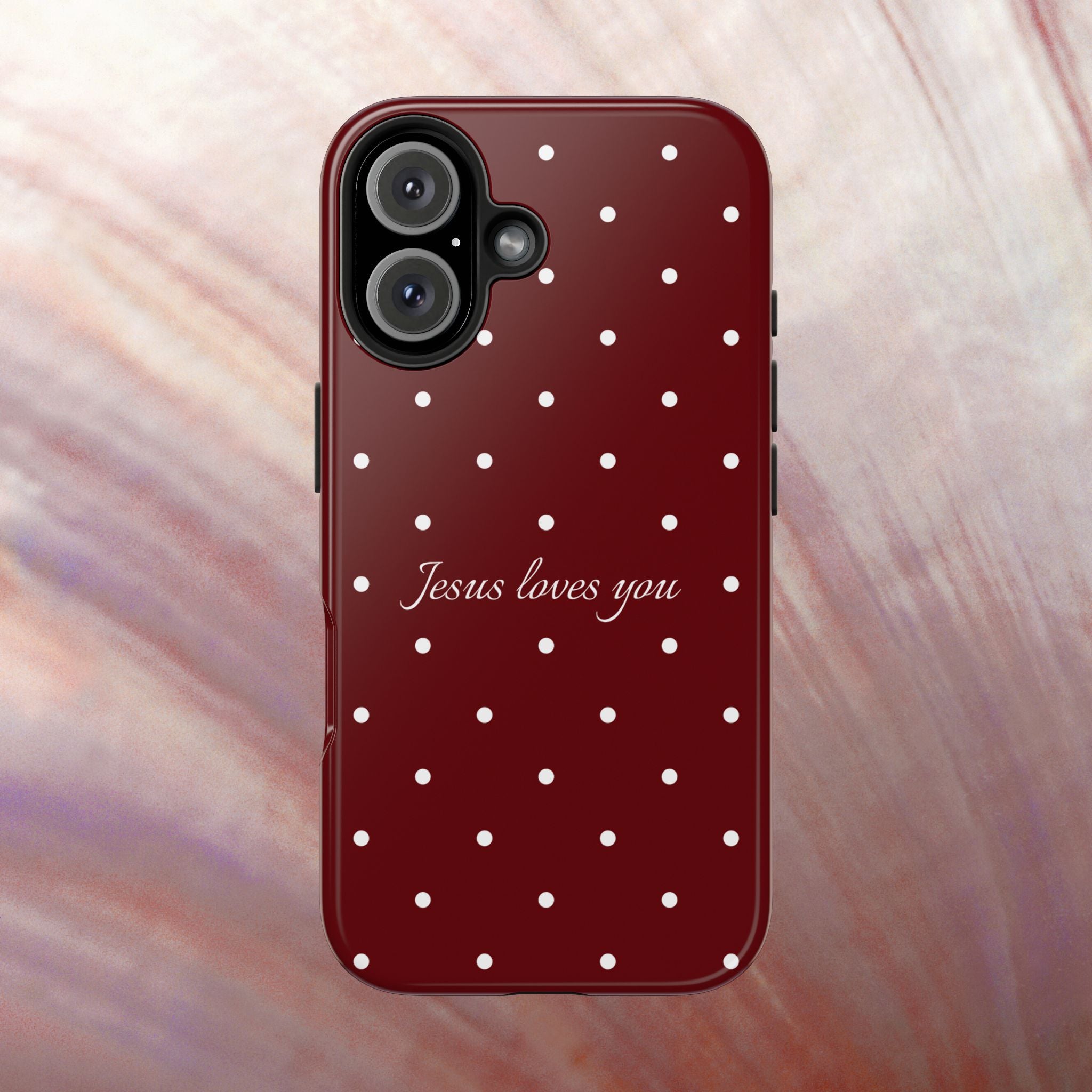 Jesus Loves You Dark Red and White Polka Dot Case