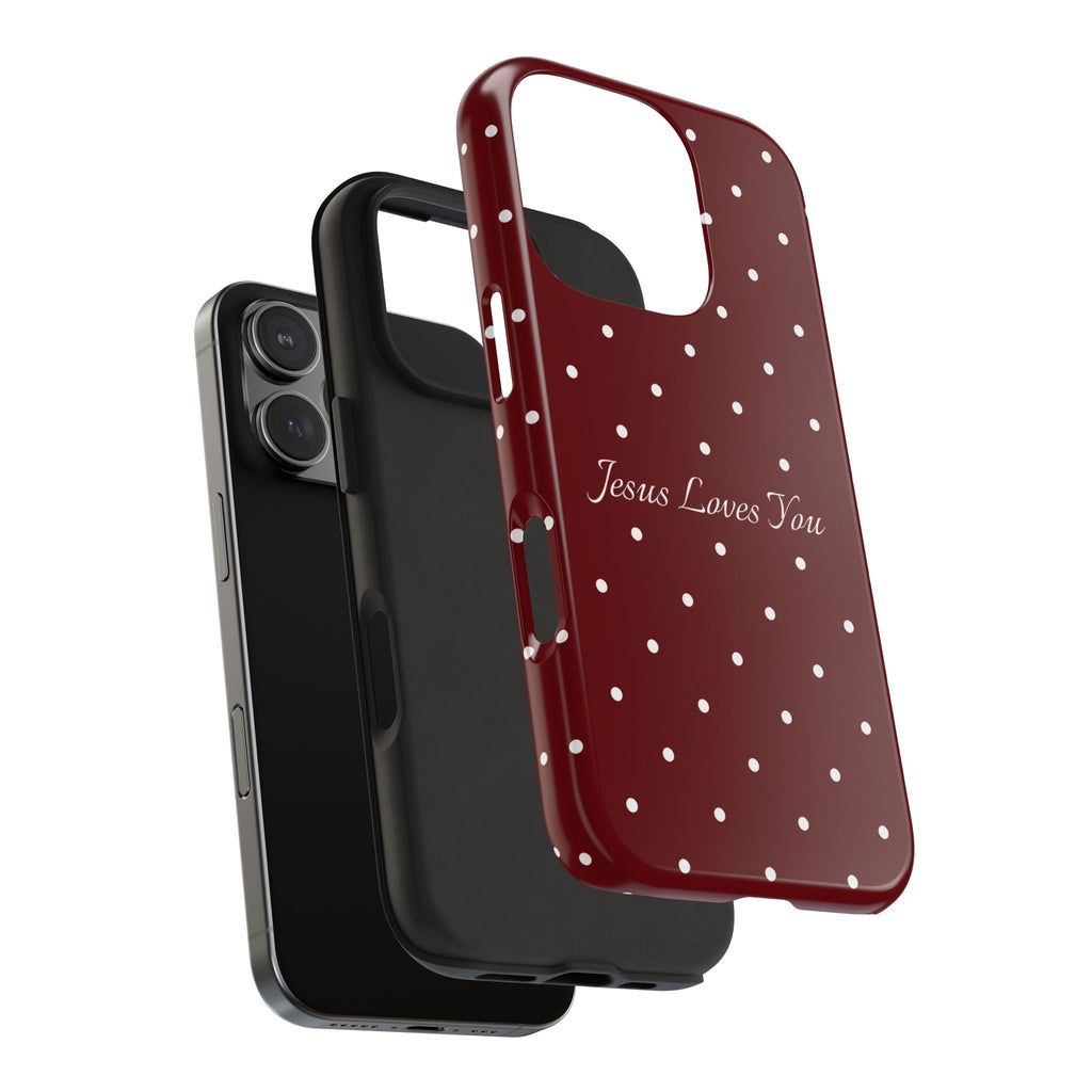 Dark Red and White Polka Dot Phone Case - Jesus Loves You Protective Phone Case