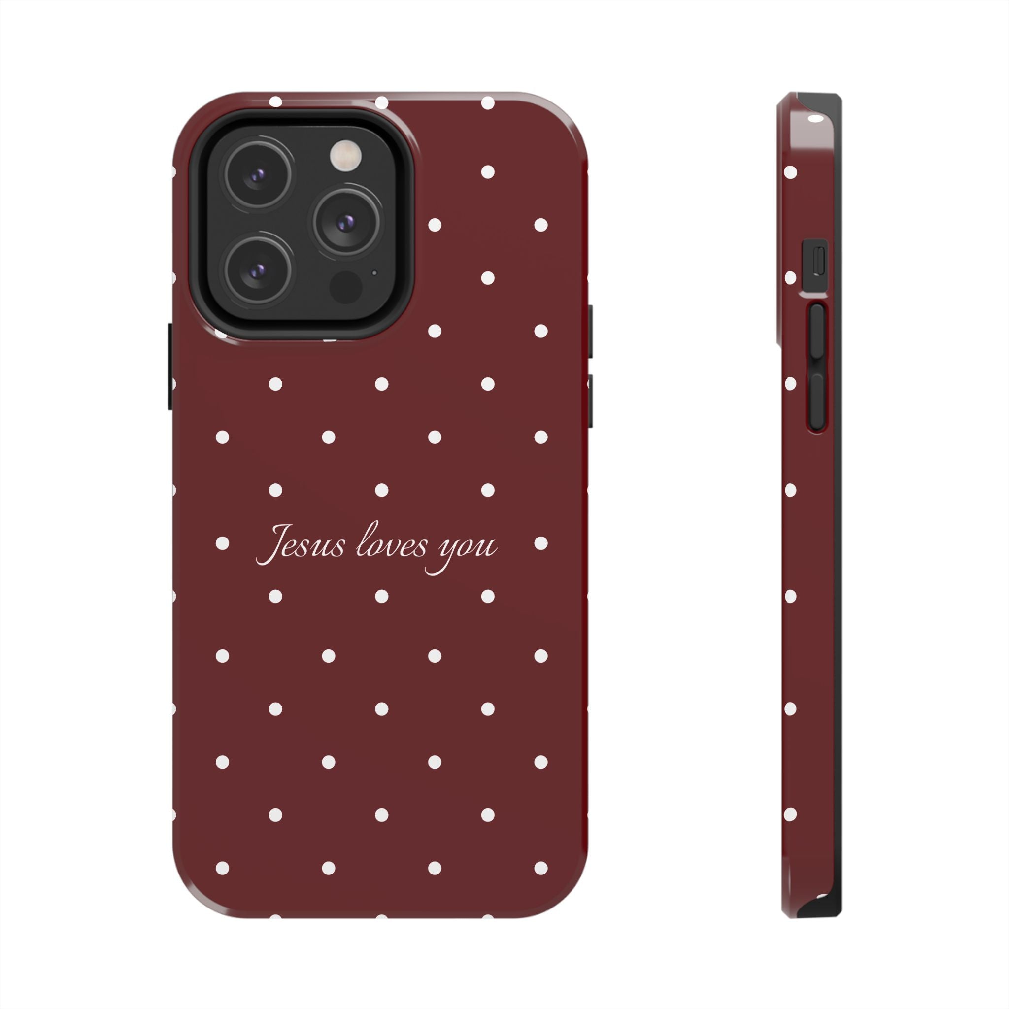 Jesus Loves You Dark Red and White Polka Dot Case