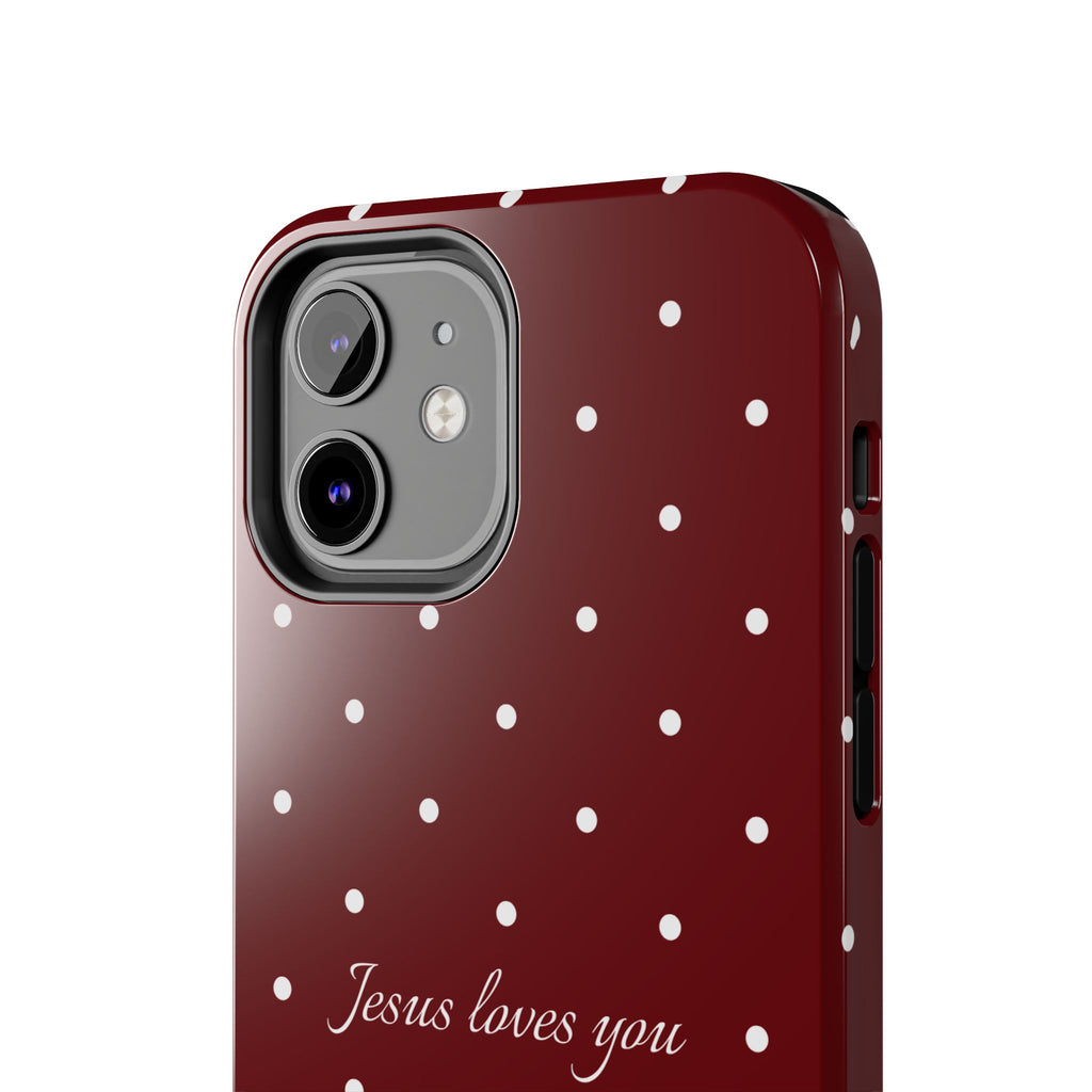Jesus Loves You Dark Red and White Polka Dot Case