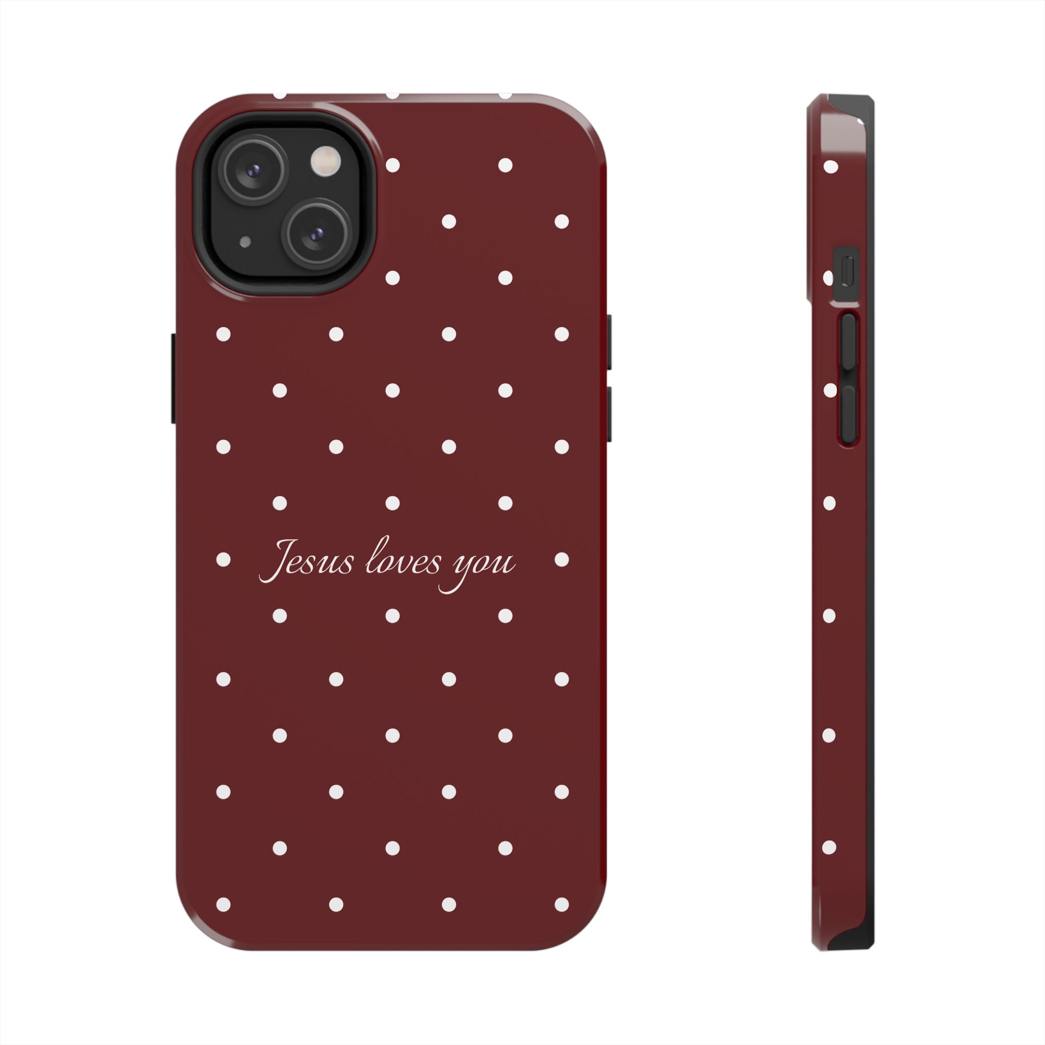 Jesus Loves You Dark Red and White Polka Dot Case