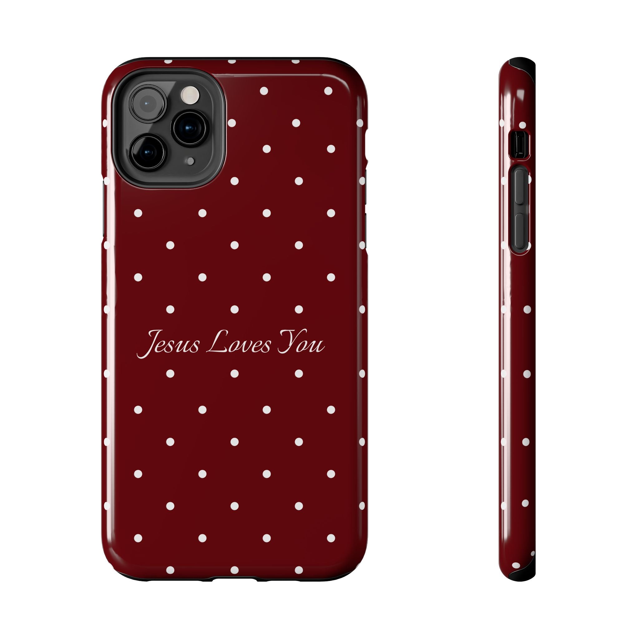 Dark Red and White Polka Dot Phone Case - Jesus Loves You Protective Phone Case