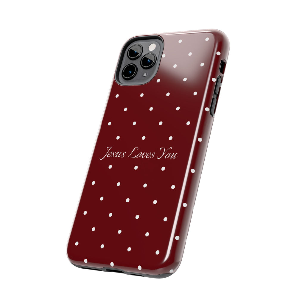 Dark Red and White Polka Dot Phone Case - Jesus Loves You Protective Phone Case