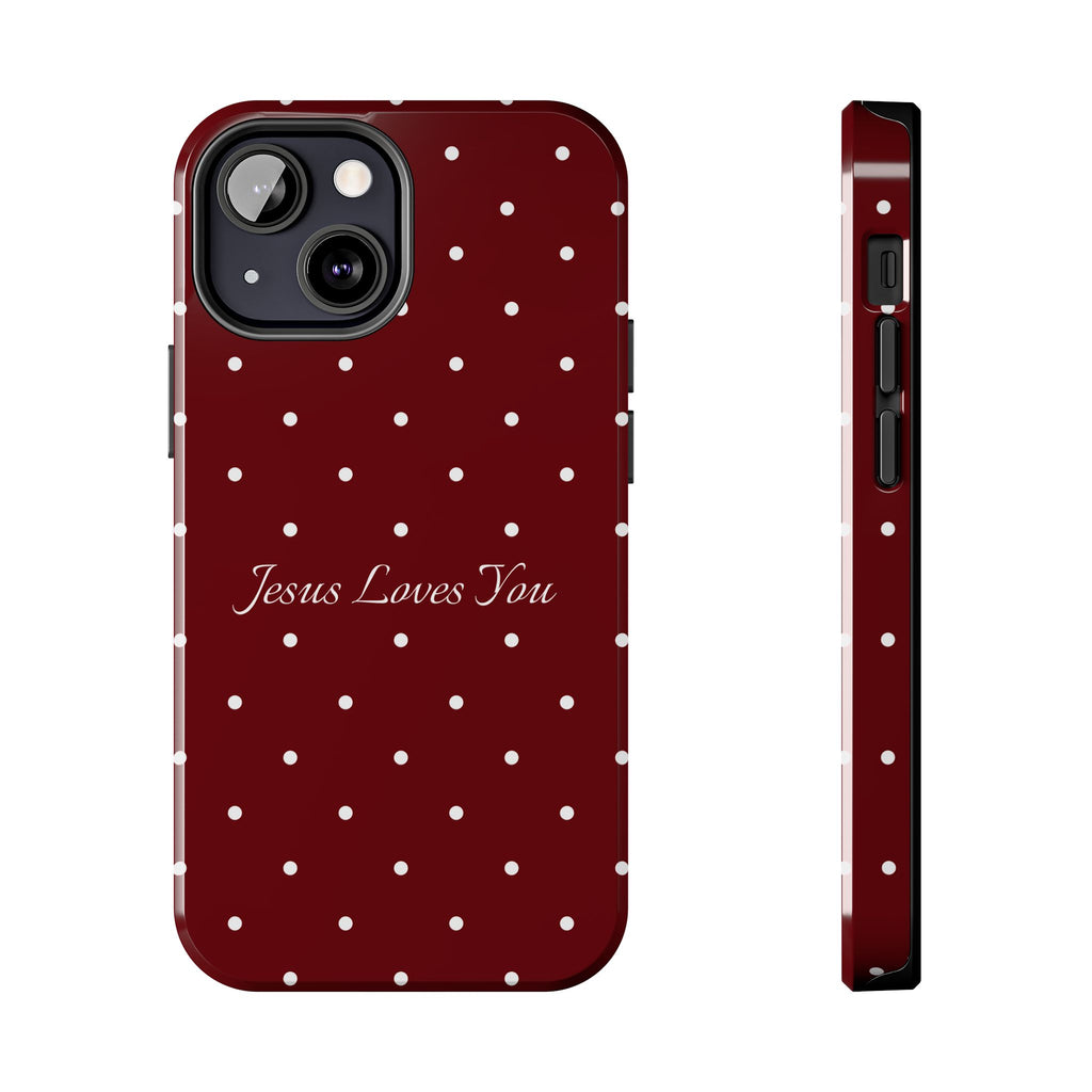 Dark Red and White Polka Dot Phone Case - Jesus Loves You Protective Phone Case