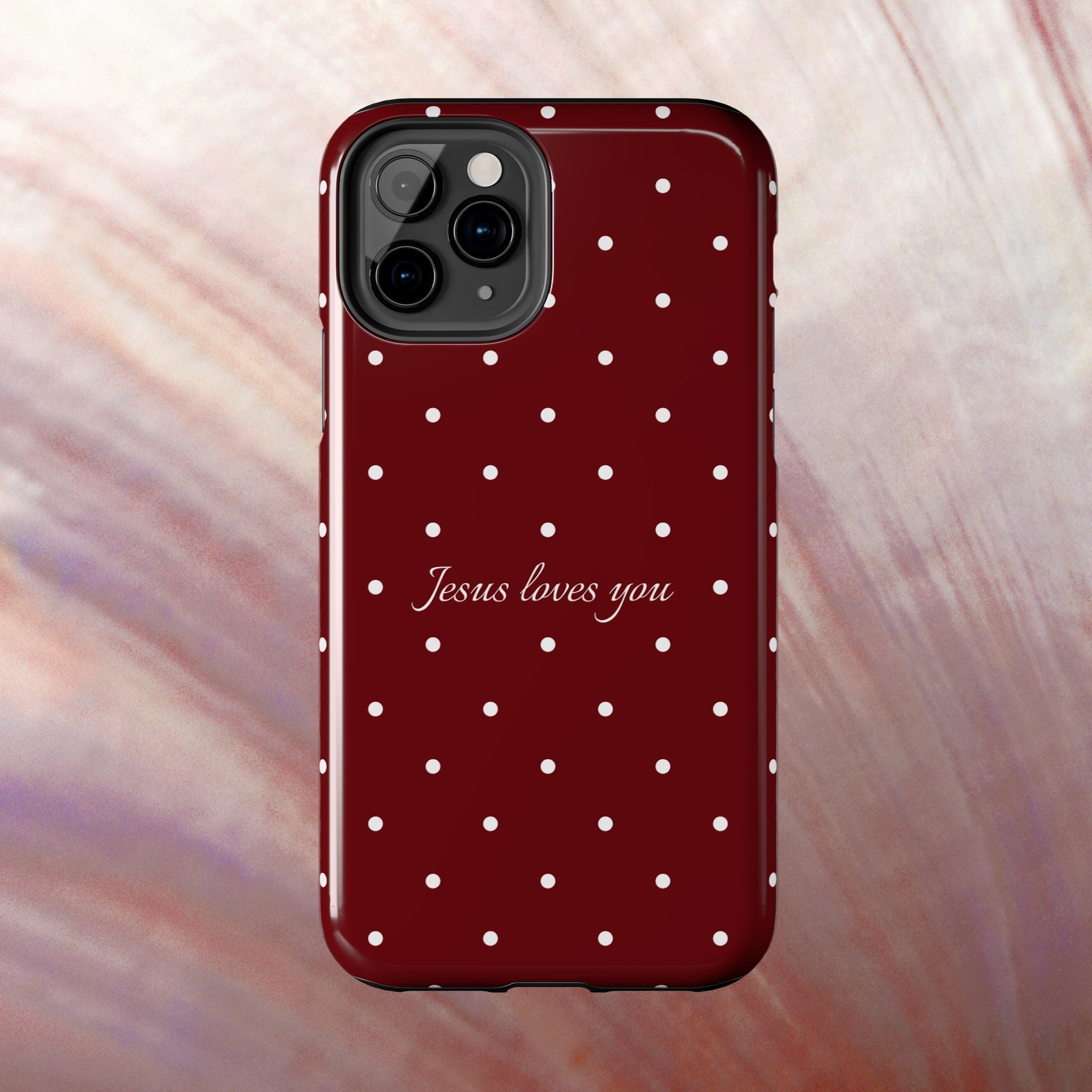 Jesus Loves You Dark Red and White Polka Dot Case