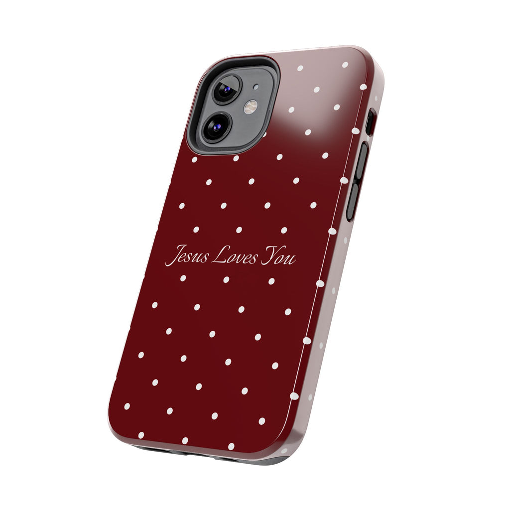 Dark Red and White Polka Dot Phone Case - Jesus Loves You Protective Phone Case