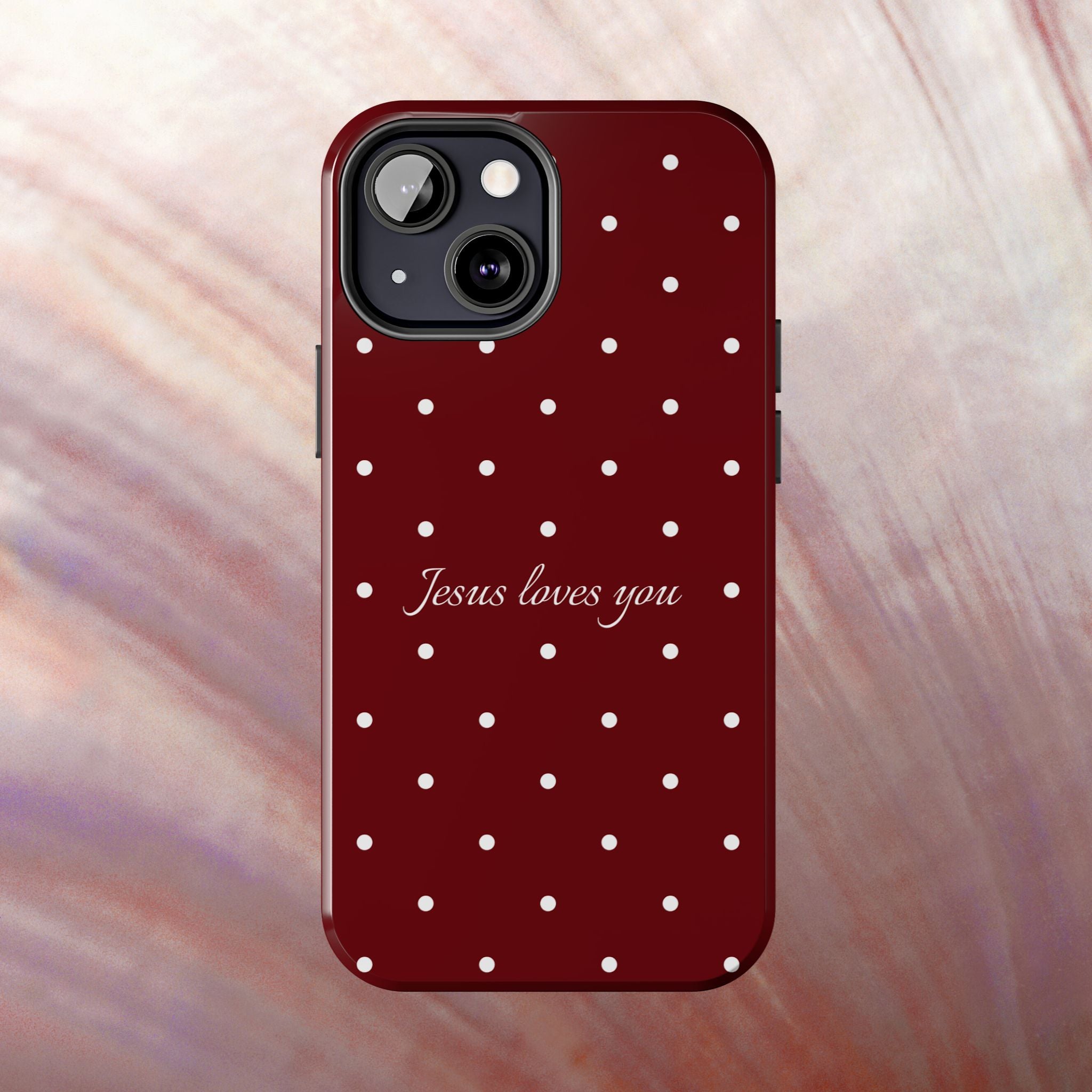 Jesus Loves You Dark Red and White Polka Dot Case