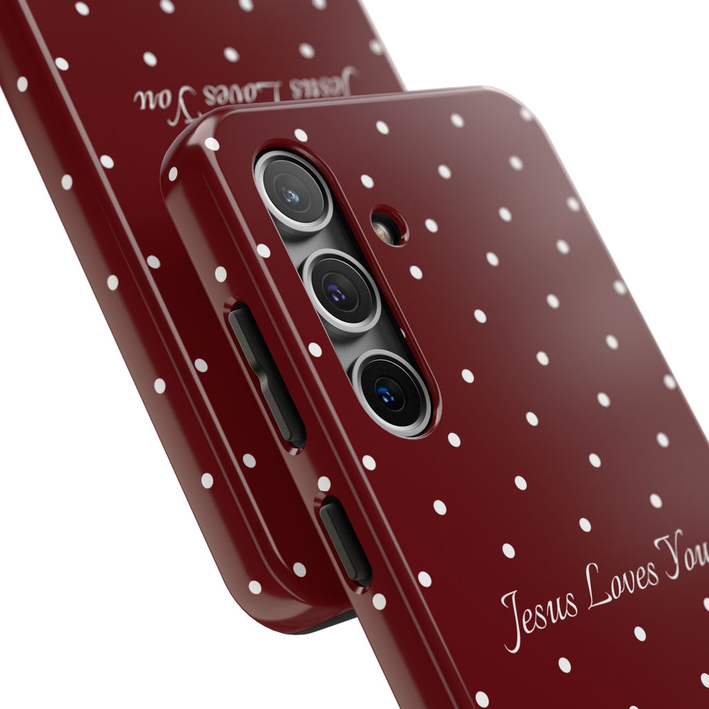 Dark Red and White Polka Dot Phone Case - Jesus Loves You Protective Phone Case