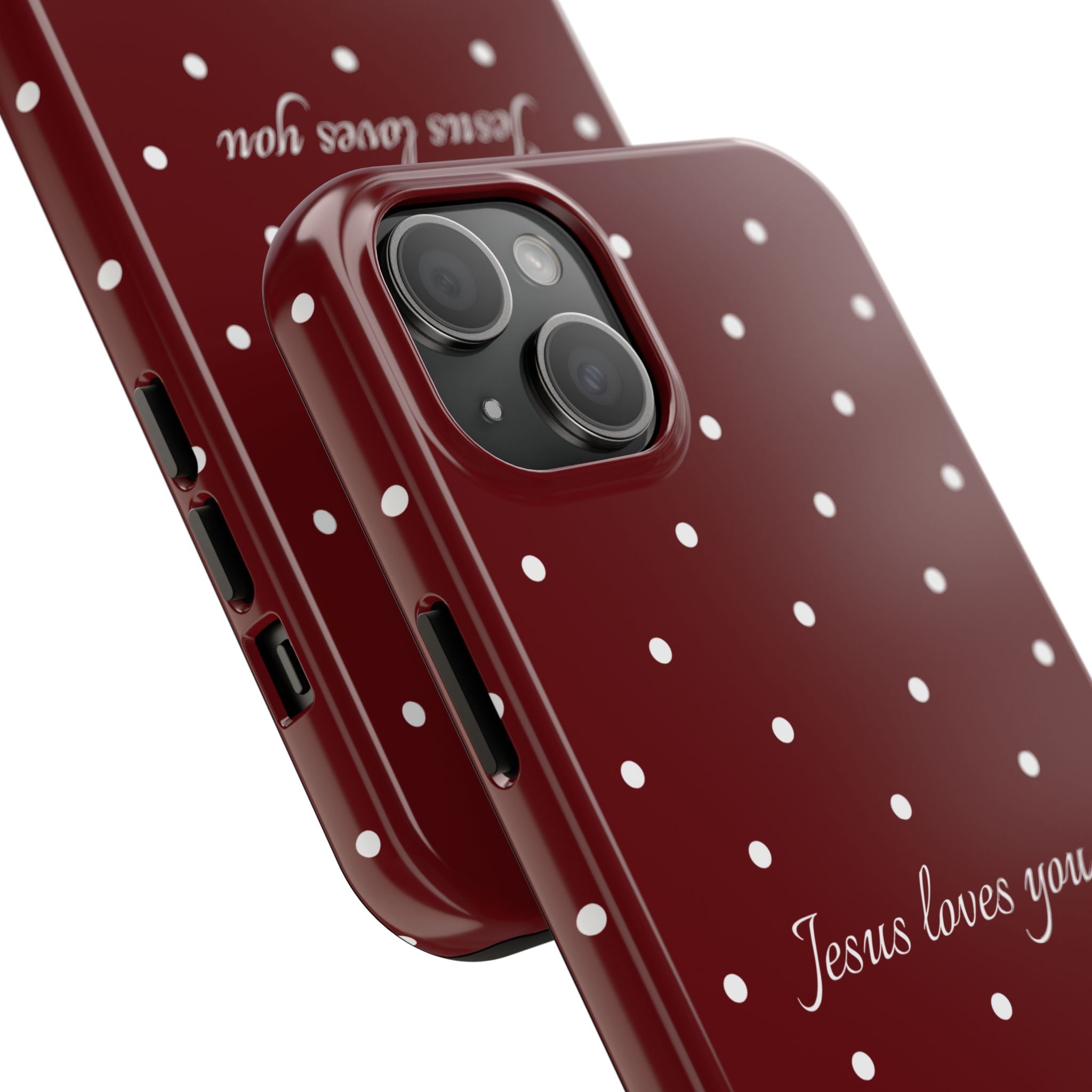 Jesus Loves You Dark Red and White Polka Dot Case