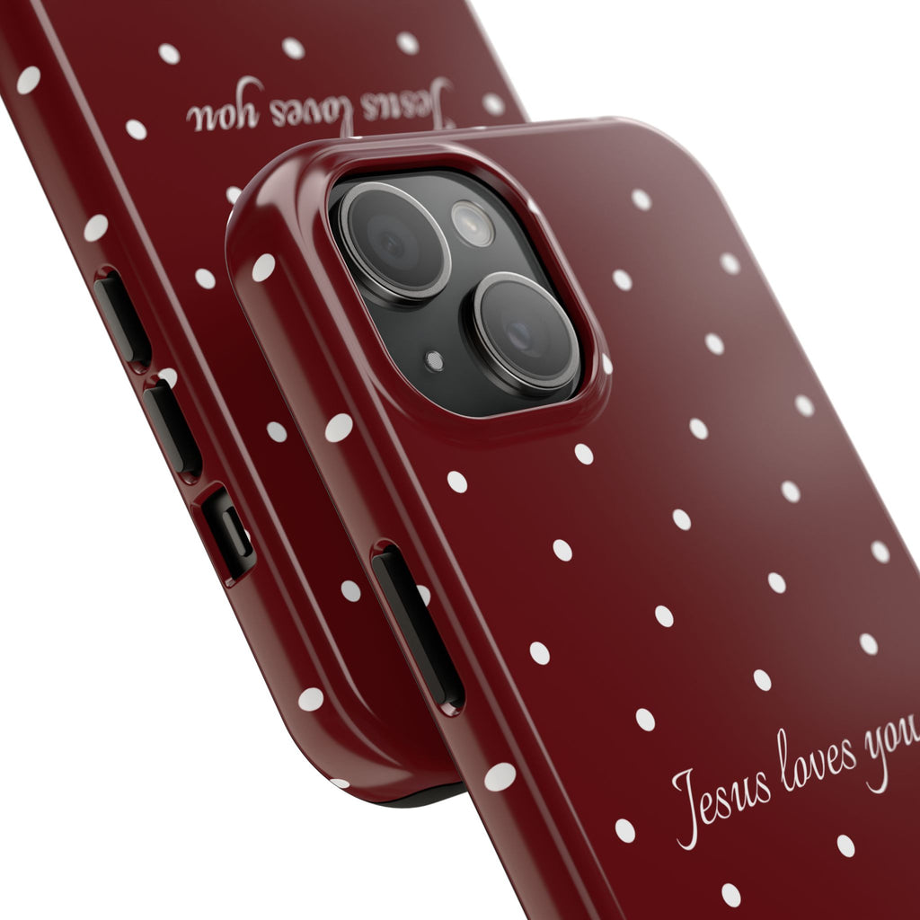 Jesus Loves You Dark Red and White Polka Dot Case