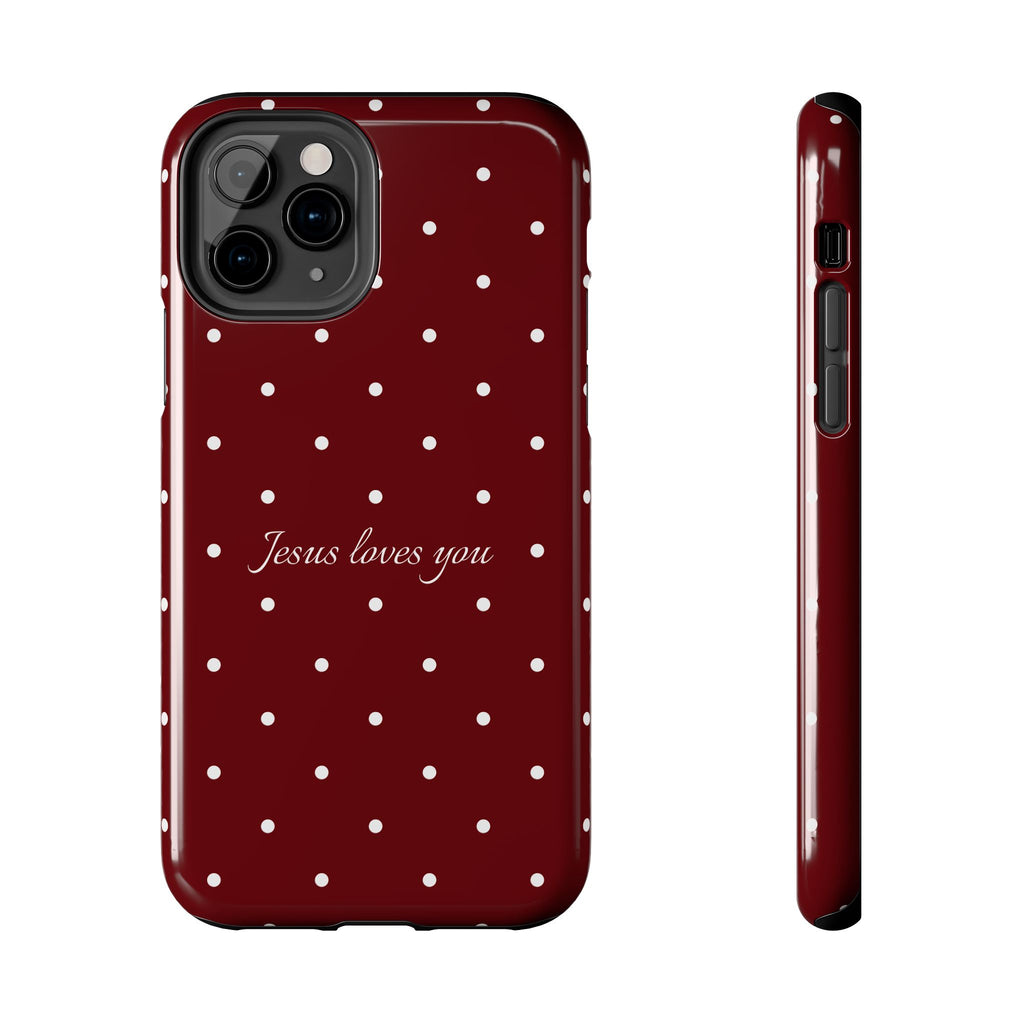 Jesus Loves You Dark Red and White Polka Dot Case