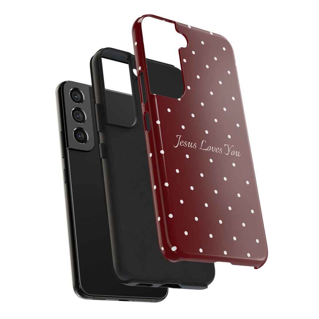 Dark Red and White Polka Dot Phone Case - Jesus Loves You Protective Phone Case