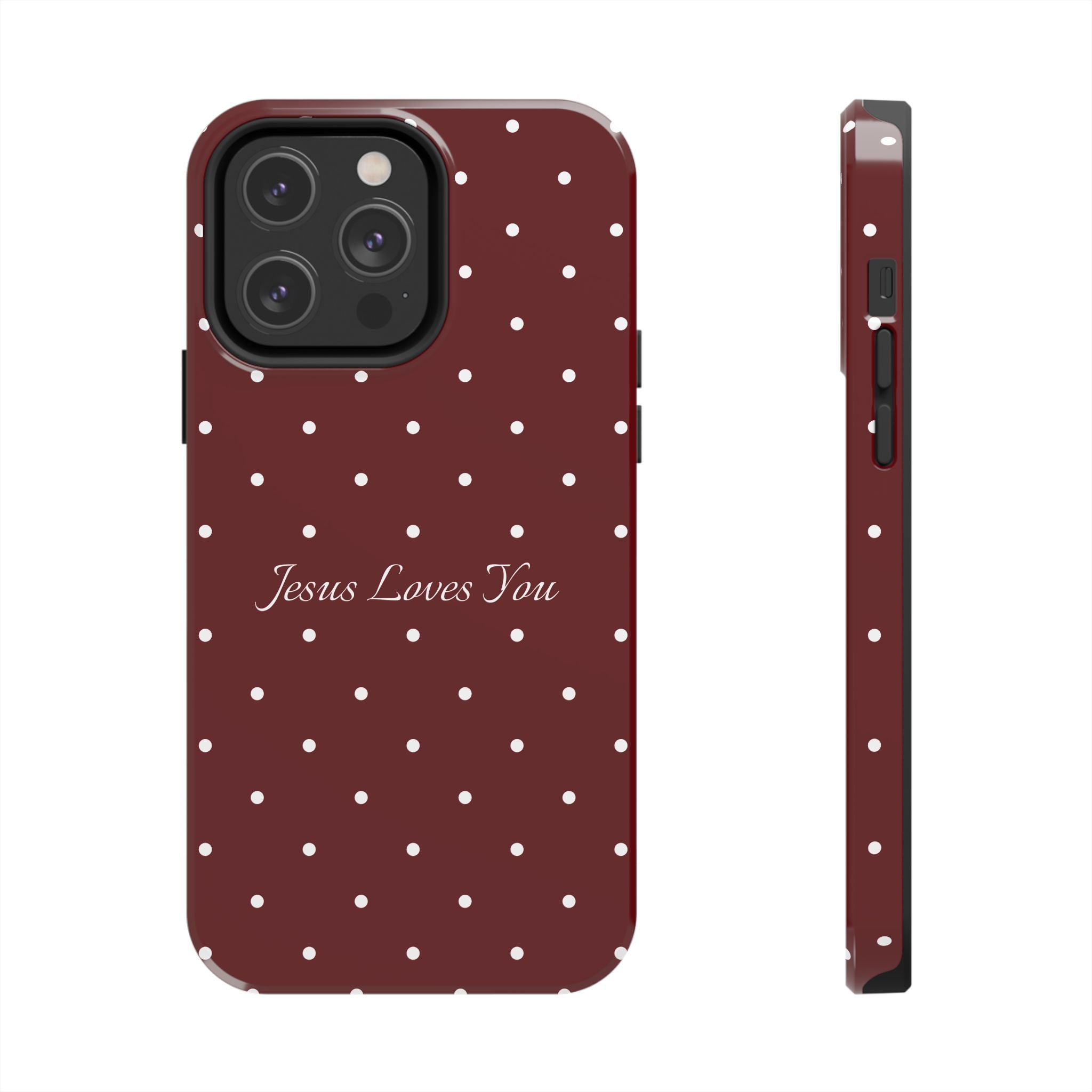 Dark Red and White Polka Dot Phone Case - Jesus Loves You Protective Phone Case