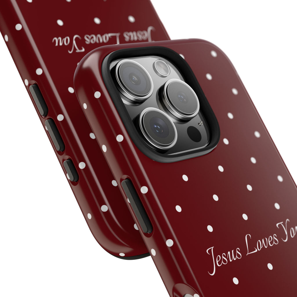 Dark Red and White Polka Dot Phone Case - Jesus Loves You Protective Phone Case