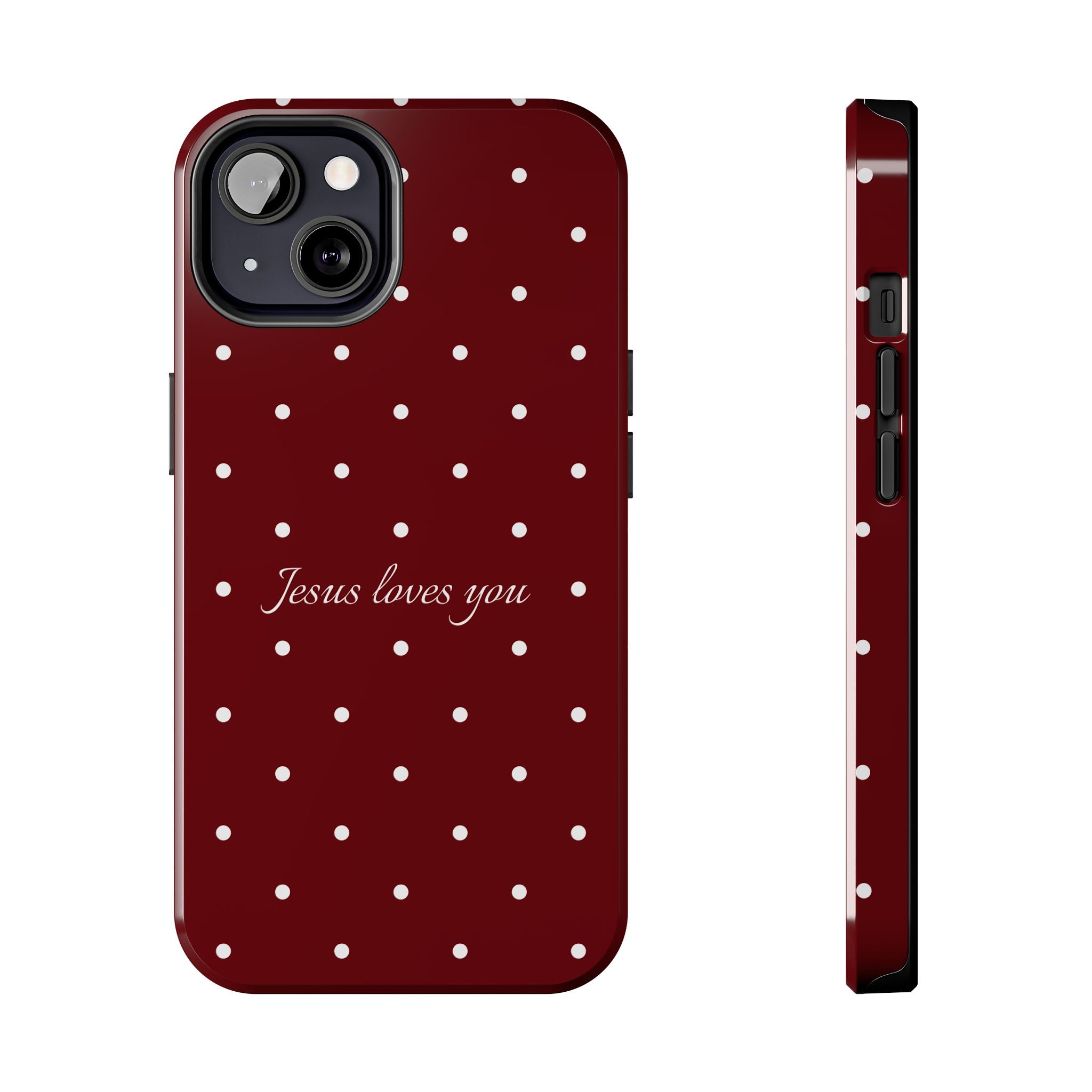 Jesus Loves You Dark Red and White Polka Dot Case