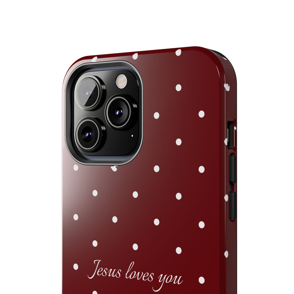 Jesus Loves You Dark Red and White Polka Dot Case