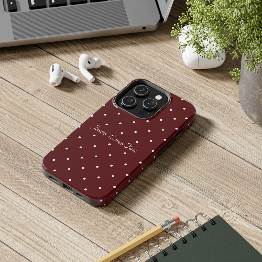 Dark Red and White Polka Dot Phone Case - Jesus Loves You Protective Phone Case