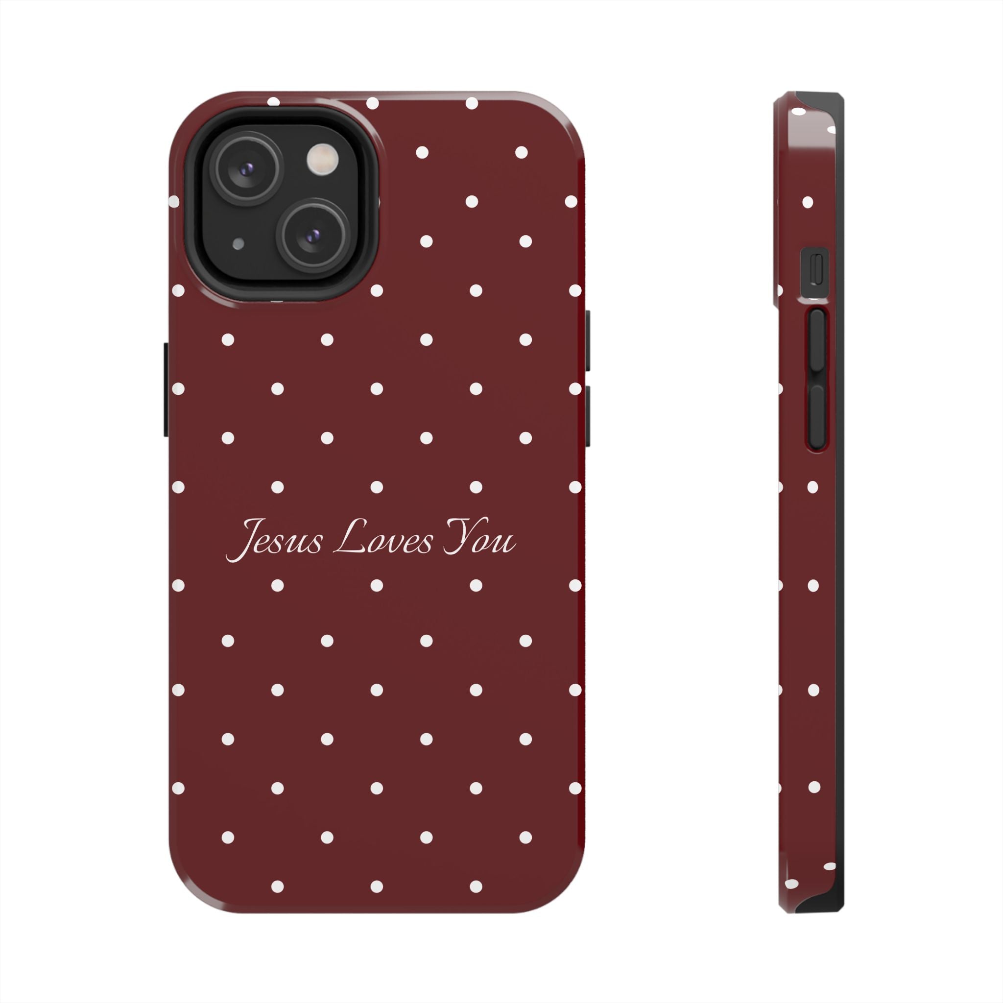 Dark Red and White Polka Dot Phone Case - Jesus Loves You Protective Phone Case
