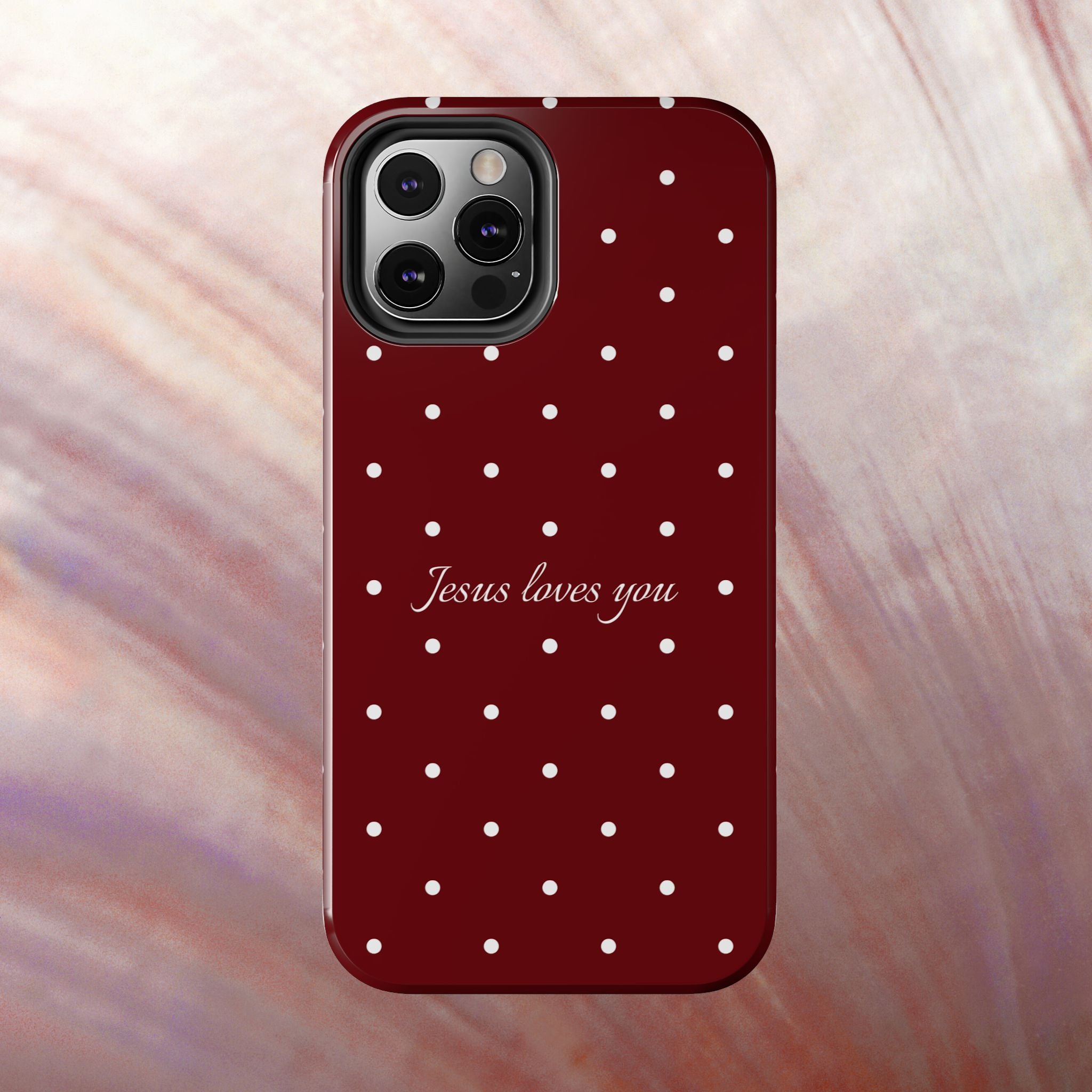 Jesus Loves You Dark Red and White Polka Dot Case