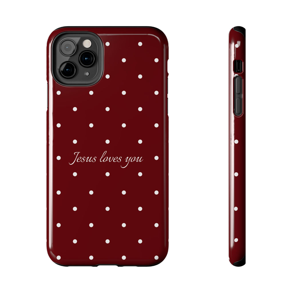 Jesus Loves You Dark Red and White Polka Dot Case