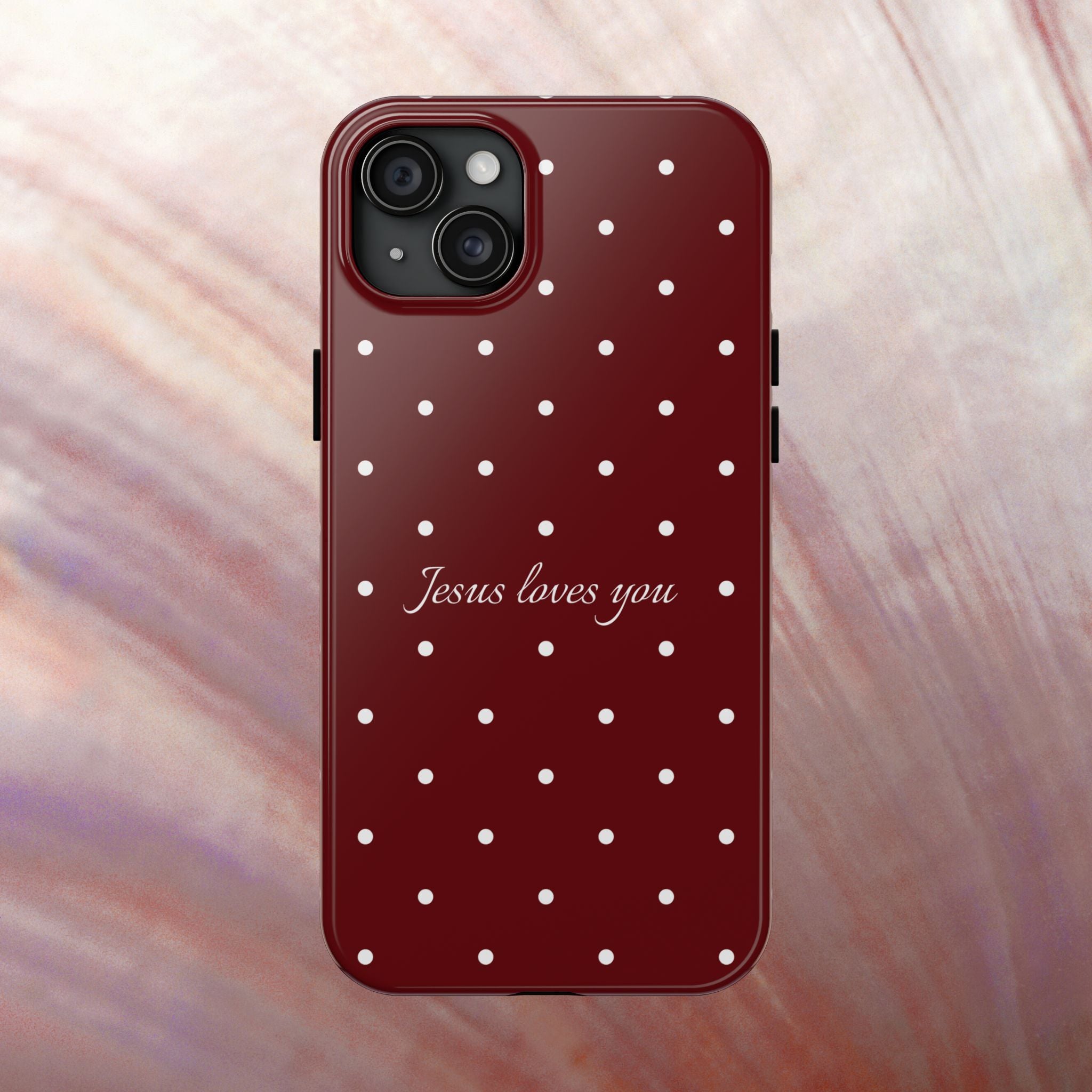Jesus Loves You Dark Red and White Polka Dot Case