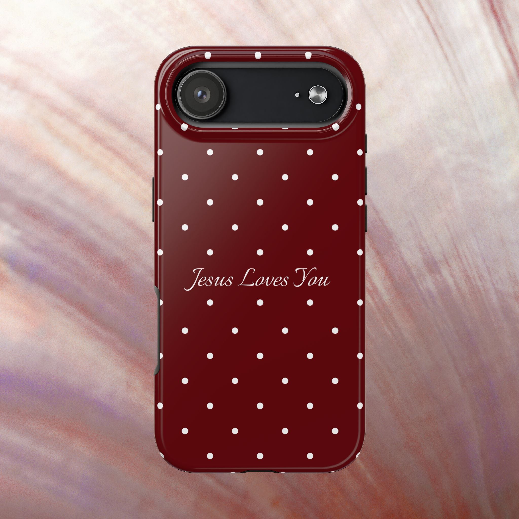 Dark Red and White Polka Dot Phone Case - Jesus Loves You Protective Phone Case