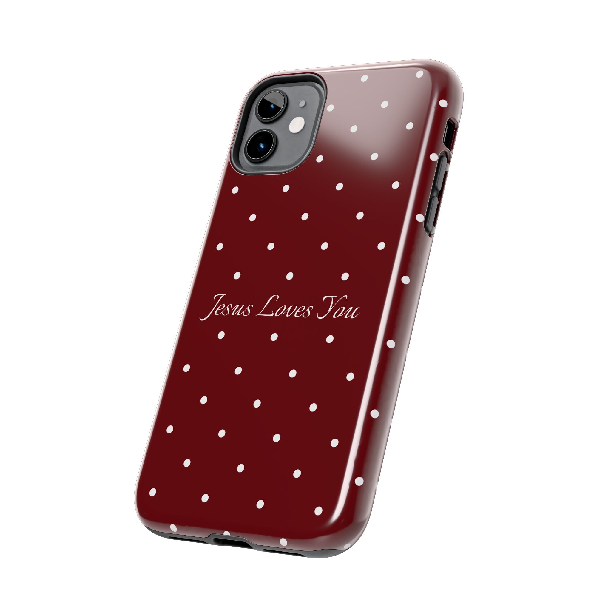 Dark Red and White Polka Dot Phone Case - Jesus Loves You Protective Phone Case