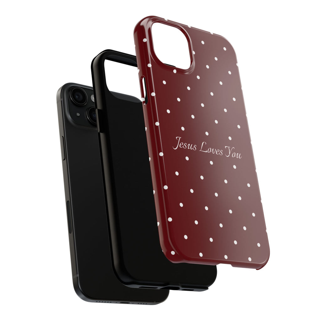 Dark Red and White Polka Dot Phone Case - Jesus Loves You Protective Phone Case