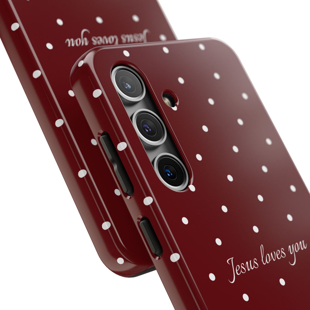 Jesus Loves You Dark Red and White Polka Dot Case