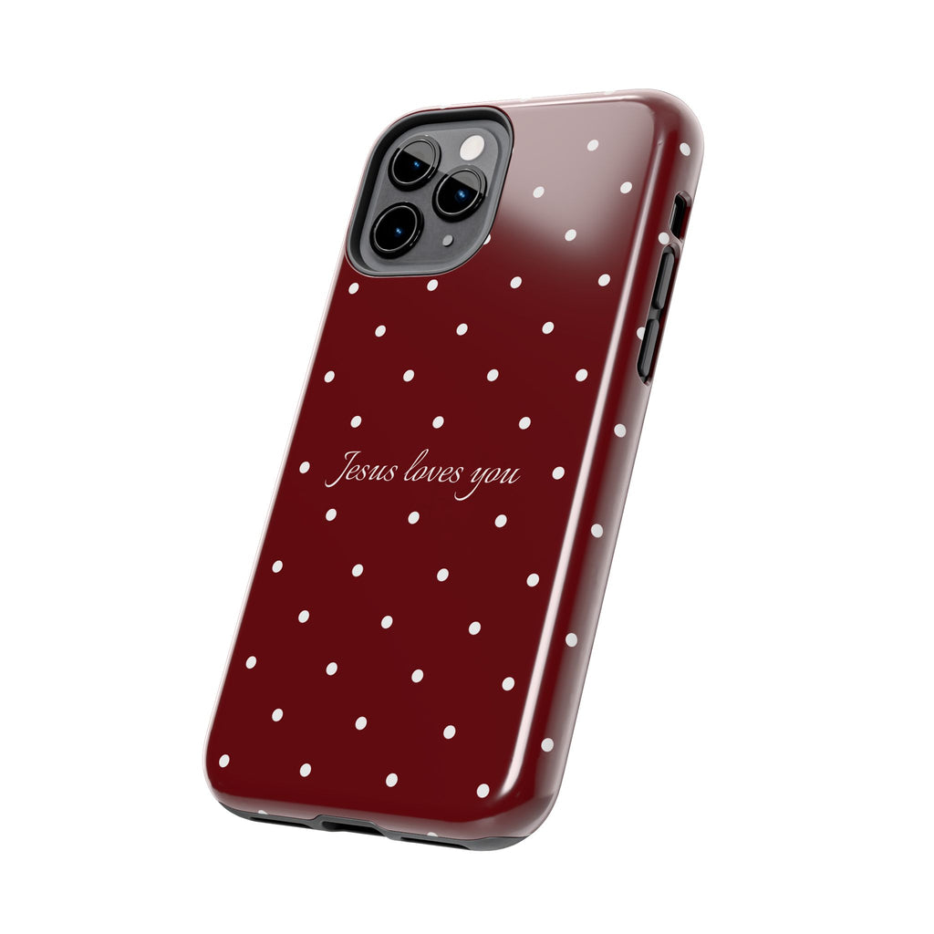 Jesus Loves You Dark Red and White Polka Dot Case